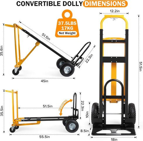 3 in 1 Convertible Hand Truck Dolly Cart with 10" Pneumatic Tire,1000LBS Capacity Hand Trucks Heavy Duty,Hand Cart with Bungee Cords for Logistics, Shopping, Home, Office Moving(Black Yellow) in Kuwait