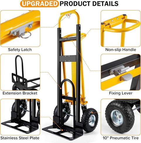 3 in 1 Convertible Hand Truck Dolly Cart with 10" Pneumatic Tire,1000LBS Capacity Hand Trucks Heavy Duty,Hand Cart with Bungee Cords for Logistics, Shopping, Home, Office Moving(Black Yellow) in Kuwait