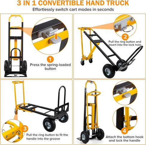 3 in 1 Convertible Hand Truck Dolly Cart with 10" Pneumatic Tire,1000LBS Capacity Hand Trucks Heavy Duty,Hand Cart with Bungee Cords for Logistics, Shopping, Home, Office Moving(Black Yellow) in Kuwait