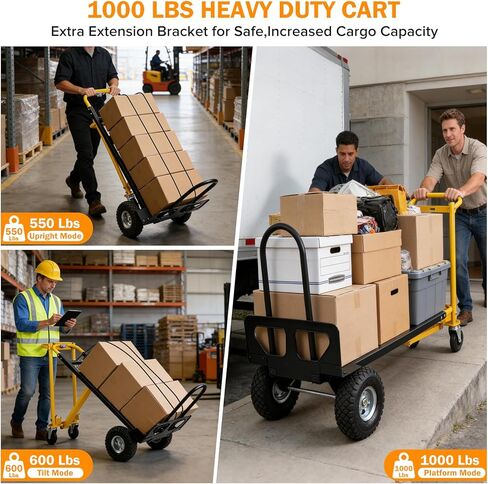 3 in 1 Convertible Hand Truck Dolly Cart with 10" Pneumatic Tire,1000LBS Capacity Hand Trucks Heavy Duty,Hand Cart with Bungee Cords for Logistics, Shopping, Home, Office Moving(Black Yellow) in Kuwait