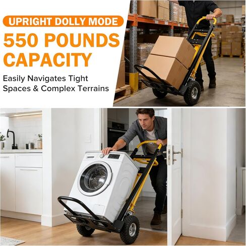 3 in 1 Convertible Hand Truck Dolly Cart with 10" Pneumatic Tire,1000LBS Capacity Hand Trucks Heavy Duty,Hand Cart with Bungee Cords for Logistics, Shopping, Home, Office Moving(Black Yellow) in Kuwait