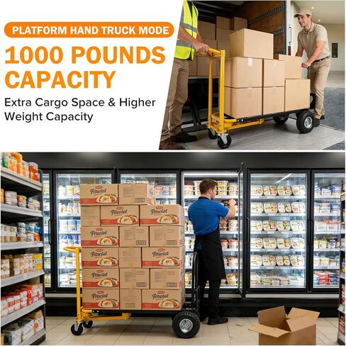 3 in 1 Convertible Hand Truck Dolly Cart with 10" Pneumatic Tire,1000LBS Capacity Hand Trucks Heavy Duty,Hand Cart with Bungee Cords for Logistics, Shopping, Home, Office Moving(Black Yellow) in Kuwait