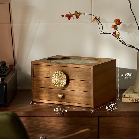 منظم صندوق المجوهرات من الجوز مع غطاء زجاجي، لتخزين المجوهرات الخشبية مع أدراج ومقابض معدنية - مثالي لحفلات الزفاف وأعياد الميلاد واحتفالات الذكرى السنوية (3 طبقات، بني) in Kuwait