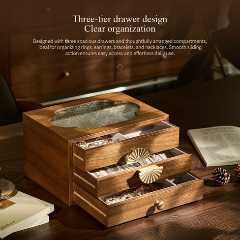 منظم صندوق المجوهرات من الجوز مع غطاء زجاجي، لتخزين المجوهرات الخشبية مع أدراج ومقابض معدنية - مثالي لحفلات الزفاف وأعياد الميلاد واحتفالات الذكرى السنوية (3 طبقات، بني) in Kuwait