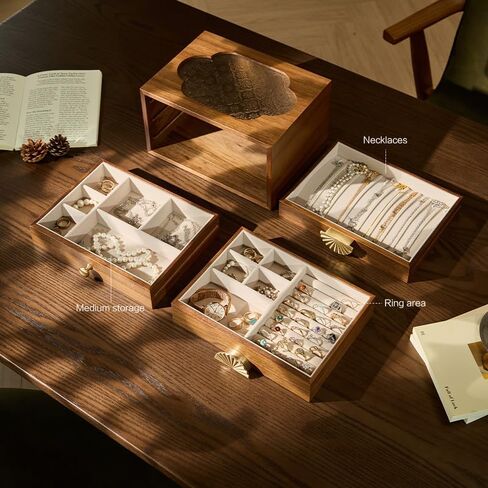 منظم صندوق المجوهرات من الجوز مع غطاء زجاجي، لتخزين المجوهرات الخشبية مع أدراج ومقابض معدنية - مثالي لحفلات الزفاف وأعياد الميلاد واحتفالات الذكرى السنوية (3 طبقات، بني) in Kuwait