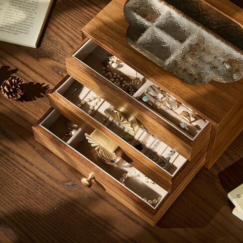 منظم صندوق المجوهرات من الجوز مع غطاء زجاجي، لتخزين المجوهرات الخشبية مع أدراج ومقابض معدنية - مثالي لحفلات الزفاف وأعياد الميلاد واحتفالات الذكرى السنوية (3 طبقات، بني) in Kuwait