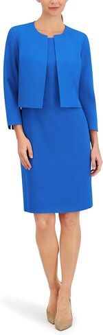 Le Suit Women's Petite Open Jacket with Slit Sleeves & Empire Waist Seamed Dress, 2pc Set, Imperial Blue in Saudi Arabia