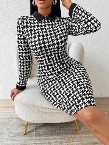 Houndstooth Dress for Women, Long Sleeve Bodycon Dress with Collar, Black and White Tweed Pattern, Knee Length in Saudi Arabia