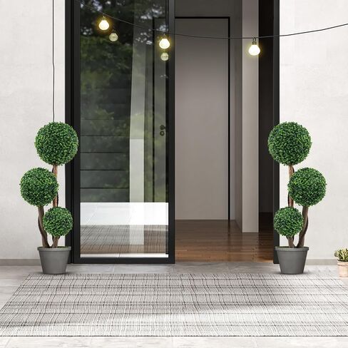GOFLAME 2 Pack 3ft Artificial Boxwood Topiary Ball Tree in Pot, Faux Potted Topiary Shrub Plant with 3 Topiary Balls, Indoor Outdoor Decorative Greenery Plant for Front Door Porch Home Office in Saudi Arabia
