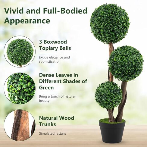GOFLAME 2 Pack 3ft Artificial Boxwood Topiary Ball Tree in Pot, Faux Potted Topiary Shrub Plant with 3 Topiary Balls, Indoor Outdoor Decorative Greenery Plant for Front Door Porch Home Office in Saudi Arabia
