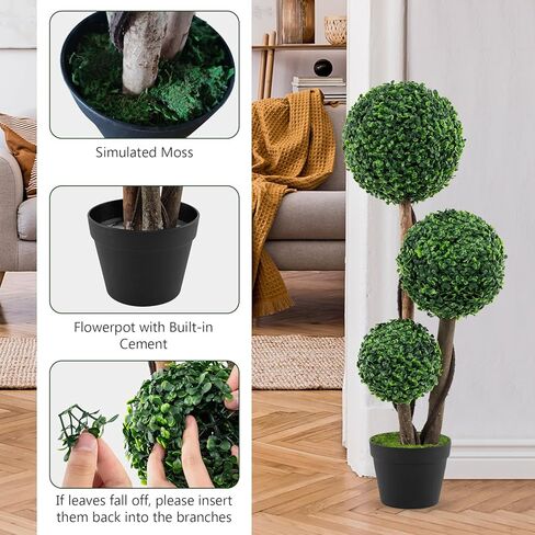 GOFLAME 2 Pack 3ft Artificial Boxwood Topiary Ball Tree in Pot, Faux Potted Topiary Shrub Plant with 3 Topiary Balls, Indoor Outdoor Decorative Greenery Plant for Front Door Porch Home Office in Saudi Arabia