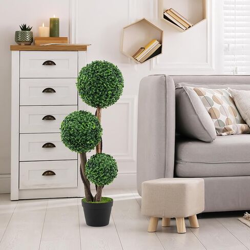 GOFLAME 2 Pack 3ft Artificial Boxwood Topiary Ball Tree in Pot, Faux Potted Topiary Shrub Plant with 3 Topiary Balls, Indoor Outdoor Decorative Greenery Plant for Front Door Porch Home Office in Saudi Arabia
