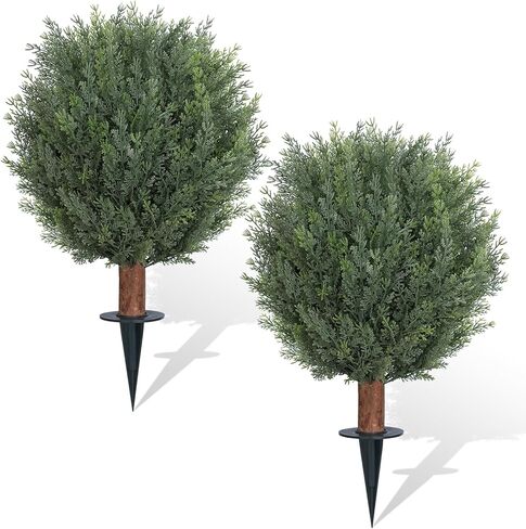 أشجار كروية من خشب الأرز الاصطناعي مع مجموعة من المسامير الأرضية مكونة من 2، شجيرات صناعية مقاومة للأشعة فوق البنفسجية مقاس 24.6 بوصة للديكور الداخلي/الخارجي - السرو المزيف مثالي للحديقة والشرفة والفناء in Kuwait