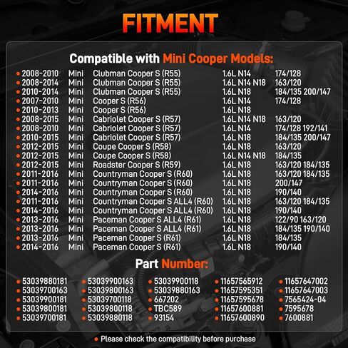 طقم الشاحن التوربيني K03 مع حشية متوافق مع Mini Cooper S 2007-2015، Cooper Countryman 2011-2016، Cooper Paceman 2013-2016 S Models R56 R57 R58 R59 1.6L L4 Replace# 53039880163 53039880118 in Saudi Arabia