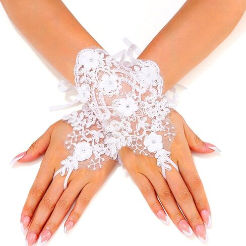 GORTIN White Lace Gloves Short Bridal Fingerless Gloves for Women Flower Tea Party Wedding Glove for Bride in Saudi Arabia