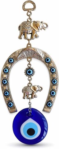 Turkish Silver Horse Shoe Blue Evil Eye Wall Hanging Ornament with Elephant - Turkish Nazar Bead Amulet – Home Protection and Good Luck Charm Gift in a Box in Kuwait