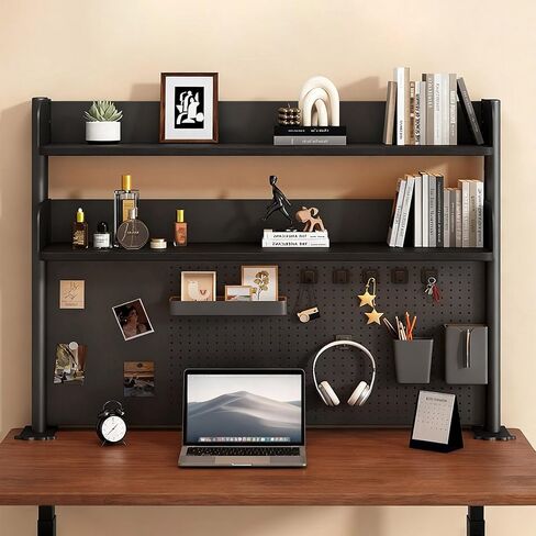 منظم رف مكتب بمشبك مع لوح بيجبورد للمكتب مع رف تخزين ورف للمكتب ورف منظم متعدد الأغراض وأرفف سطح المكتب باللونين الأبيض والأسود وأرفف المكتب (أسود، عرض - 23.6 بوصة) in Kuwait