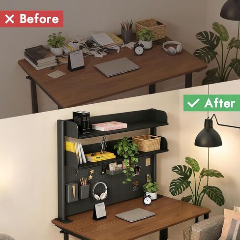 منظم رف مكتب بمشبك مع لوح بيجبورد للمكتب مع رف تخزين ورف للمكتب ورف منظم متعدد الأغراض وأرفف سطح المكتب باللونين الأبيض والأسود وأرفف المكتب (أسود، عرض - 23.6 بوصة) in Kuwait