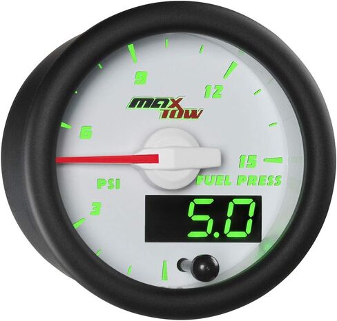 MaxTow Double Vision 15 PSI Fuel Pressure Gauge Kit - Includes Electronic Sensor - White Gauge Face - Green LED Illuminated Dial - Analog & Digital Readouts - 2-1/16" 52mm in Kuwait