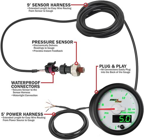 MaxTow Double Vision 15 PSI Fuel Pressure Gauge Kit - Includes Electronic Sensor - White Gauge Face - Green LED Illuminated Dial - Analog & Digital Readouts - 2-1/16" 52mm in Kuwait