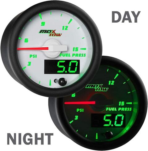 MaxTow Double Vision 15 PSI Fuel Pressure Gauge Kit - Includes Electronic Sensor - White Gauge Face - Green LED Illuminated Dial - Analog & Digital Readouts - 2-1/16" 52mm in Kuwait