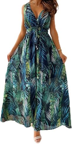 Women's Summer Maxi Dress V-Neck Spaghetti Strap Backless Print Flowy Ruffle Tiered Swing Smocked Beach in Saudi Arabia