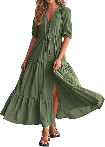 Women's Summer Casual Boho Maxi Dress 2026 Flutter Short Sleeve Round Neck Smocked Waist Tiered Flowy in Saudi Arabia