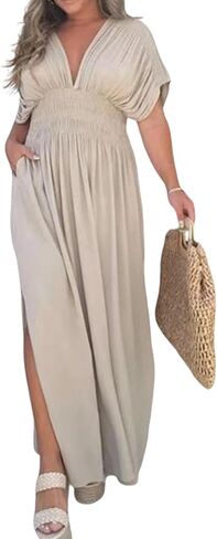 Women's Boho Maxi Dress Ruffle Sleeve V-Neck Smocked High Waisted Slit Plus Size Flowy Long Sundress in Saudi Arabia