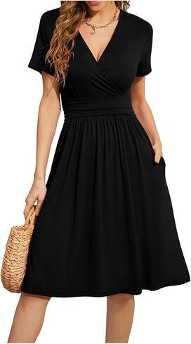 Women's Summer Casual Midi Dress Short Sleeve V-Neck Floral Wrap with Pockets Vacation Party Sundress in Saudi Arabia
