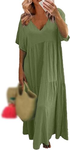 Women's Summer Linen Maxi Dress Short Sleeve V-Neck Cotton Casual Loose Oversized Swing Long Length Baggy in Saudi Arabia