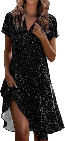 Women's Summer Casual Dress Ruffle Sleeve V-Neck Polka Dot Boho Flowy Wrinkle Free Vacation Tunic Knee Length in Saudi Arabia