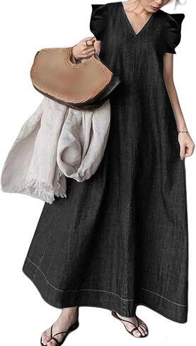 Women's Casual Long Denim Dress Loose Fit Summer V-Neck Maxi Ruffle Sleeveless Flowy Beach Sun Shift Jean with Pocket in Saudi Arabia