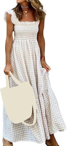 Women's Summer Retro Beach Dress Smocked Square Neck Ruffle Strap Gingham Midi Flowy A-Line Plaid in Saudi Arabia