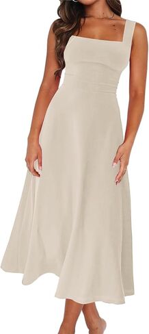 Women's Summer Casual Maxi Dress Sleeveless Square Neck A-Line Tank Flowy Beach Vacation Spaghetti Strap Sundress in Saudi Arabia