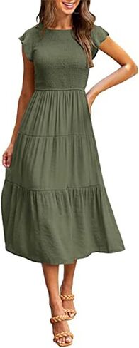 Women's 2026 Summer Casual Dressy Midi Dress Flutter Short Sleeve Smocked Tiered A-Line Elastic Waist Round Neck in Saudi Arabia