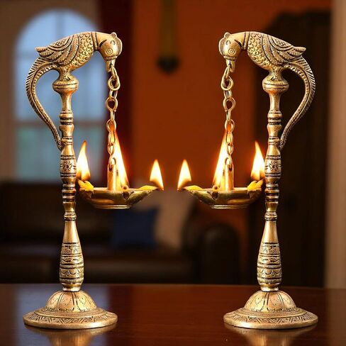 LoveNspire 2 PC Parrot Brass Oil Diya Kerala Samai Puja Diya Traditional 7.5 Inches Bird Pair Hanging Chain Oil Lamp Hindu Religious Kathu Vilakku Deepak for Home Temple Diwali Decor Housewarming Gift in Kuwait
