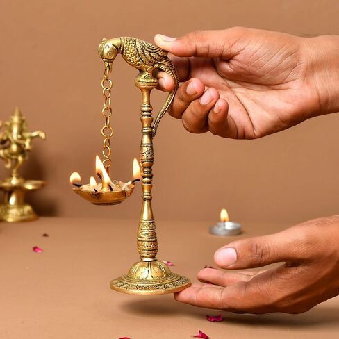 LoveNspire 2 PC Parrot Brass Oil Diya Kerala Samai Puja Diya Traditional 7.5 Inches Bird Pair Hanging Chain Oil Lamp Hindu Religious Kathu Vilakku Deepak for Home Temple Diwali Decor Housewarming Gift in Kuwait