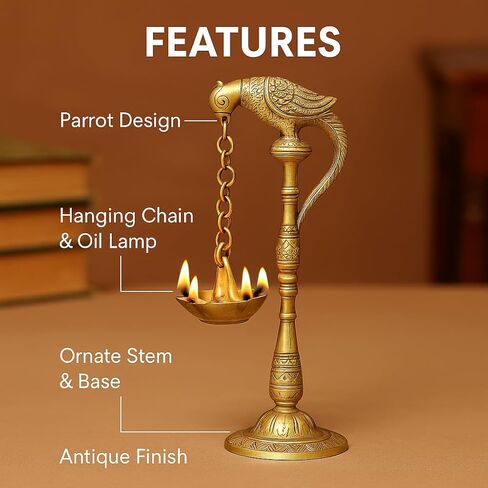LoveNspire 2 PC Parrot Brass Oil Diya Kerala Samai Puja Diya Traditional 7.5 Inches Bird Pair Hanging Chain Oil Lamp Hindu Religious Kathu Vilakku Deepak for Home Temple Diwali Decor Housewarming Gift in Kuwait