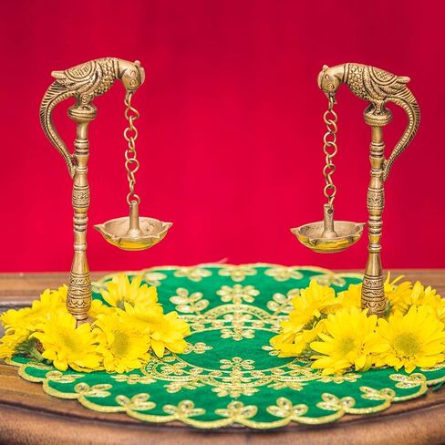 LoveNspire 2 PC Parrot Brass Oil Diya Kerala Samai Puja Diya Traditional 7.5 Inches Bird Pair Hanging Chain Oil Lamp Hindu Religious Kathu Vilakku Deepak for Home Temple Diwali Decor Housewarming Gift in Kuwait
