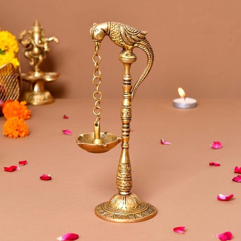 LoveNspire 2 PC Parrot Brass Oil Diya Kerala Samai Puja Diya Traditional 7.5 Inches Bird Pair Hanging Chain Oil Lamp Hindu Religious Kathu Vilakku Deepak for Home Temple Diwali Decor Housewarming Gift in Kuwait