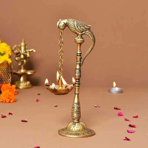 LoveNspire 2 PC Parrot Brass Oil Diya Kerala Samai Puja Diya Traditional 7.5 Inches Bird Pair Hanging Chain Oil Lamp Hindu Religious Kathu Vilakku Deepak for Home Temple Diwali Decor Housewarming Gift in Kuwait