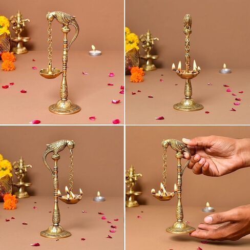 LoveNspire 2 PC Parrot Brass Oil Diya Kerala Samai Puja Diya Traditional 7.5 Inches Bird Pair Hanging Chain Oil Lamp Hindu Religious Kathu Vilakku Deepak for Home Temple Diwali Decor Housewarming Gift in Kuwait