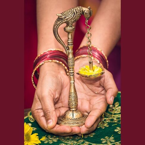 LoveNspire 2 PC Parrot Brass Oil Diya Kerala Samai Puja Diya Traditional 7.5 Inches Bird Pair Hanging Chain Oil Lamp Hindu Religious Kathu Vilakku Deepak for Home Temple Diwali Decor Housewarming Gift in Kuwait