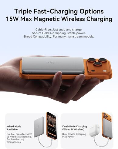 THREEKEY 0.3 بوصة فائق النحافة لشاحن MagSafe المحمول، بنك طاقة مغناطيسي نحيف بطاقة 5000 مللي أمبير في الساعة، حزمة بطارية شحن سريع لاسلكية 15 وات لهاتف iPhone 17 Air 16 15 14 13 12 Pro Max Plus (رمادي ثلجي) in Kuwait