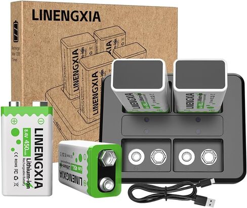 9V 1100mAh Lithium Rechargeable Batteries (2-Pack Green) with Type-C Cable | 1200 Life Cycles | Overcharge/Short-Circuit Protection | Constant Voltage for Smoke Detectors, Microphones in Saudi Arabia