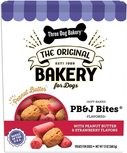 Three Dog Bakery Soft Baked PB&J Bites, Peanut Butter & Strawberry Flavor, Premium Treats for Dogs, 13 Ounce Box, brown (320035) in Kuwait