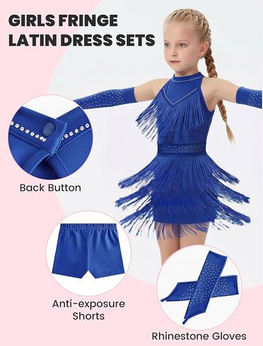 Wenlia Girls Latin Dance Dress Costume 3 Pcs Fringe Ballroom Competition Dancewear with Shorts for Salsa Cha Cha 4–12Y in Saudi Arabia