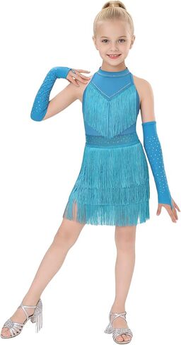 Wenlia Girls Latin Dance Dress Costume 3 Pcs Fringe Ballroom Competition Dancewear with Shorts for Salsa Cha Cha 4–12Y in Saudi Arabia