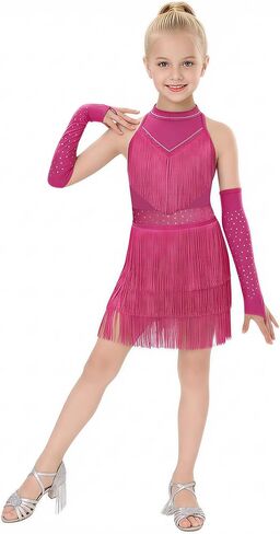 Wenlia Girls Latin Dance Dress Costume 3 Pcs Fringe Ballroom Competition Dancewear with Shorts for Salsa Cha Cha 4–12Y in Saudi Arabia