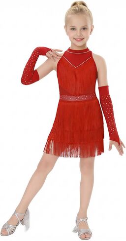 Wenlia Girls Latin Dance Dress Costume 3 Pcs Fringe Ballroom Competition Dancewear with Shorts for Salsa Cha Cha 4–12Y in Saudi Arabia